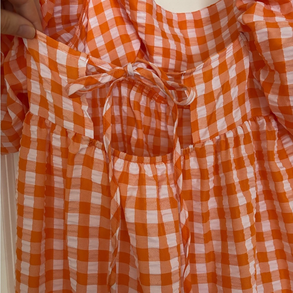 Orange Gingham Puff Sleeve Dress - Picture 6 of 6